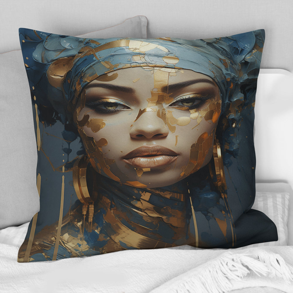 Blue And Gold African Woman Portrait - Africa Throw Pillow