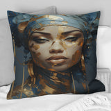 Blue And Gold African Woman Portrait - Africa Throw Pillow
