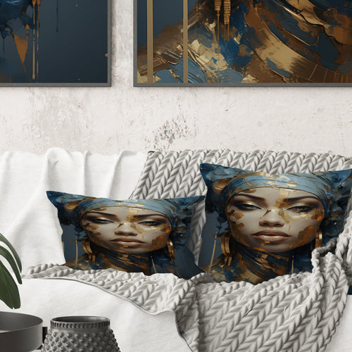 Blue And Gold African Woman Portrait - Africa Throw Pillow