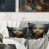 Blue And Gold African Woman Portrait - Africa Throw Pillow