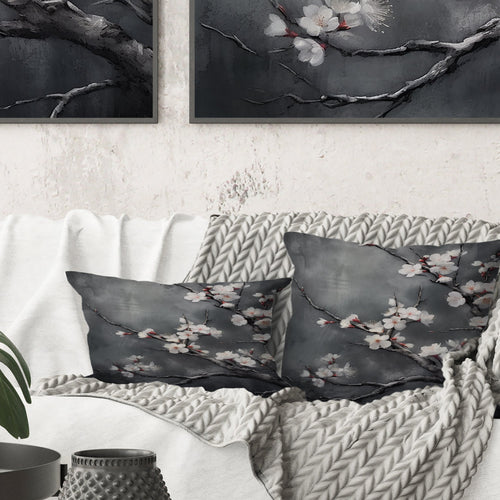 Cherry Blossoms White On 20 Shades Of Grey - Cherry Throw Pillow