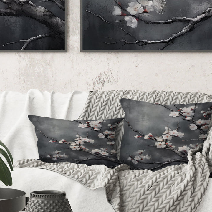 Cherry Blossoms White On 20 Shades Of Grey - Cherry Throw Pillow