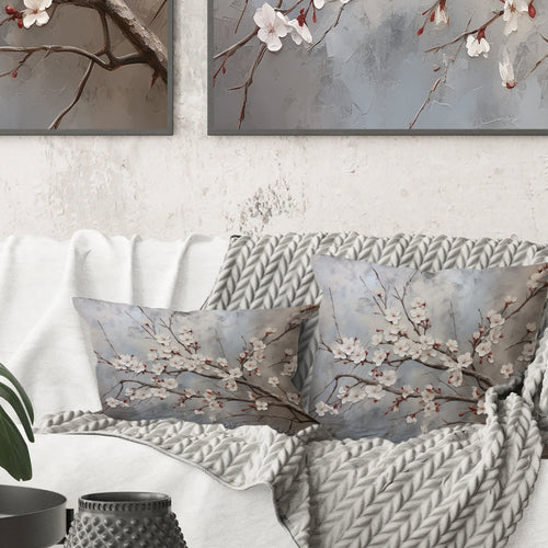 Minimalism Grey And Beige Cherry Blossom I - Cherry Blossom Throw Pillow