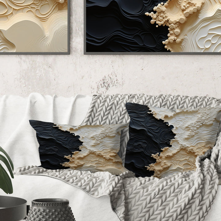 Abstract Cream And Black Liquid Paint - Coastal Throw Pillow