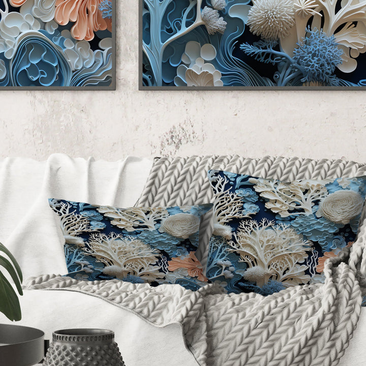 Under Water Blue And White Corals Collage I - Coastal Throw Pillow