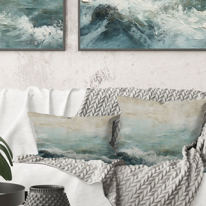 Modern Coastal Beige And Blue River I - Coastal Ocean Throw Pillow