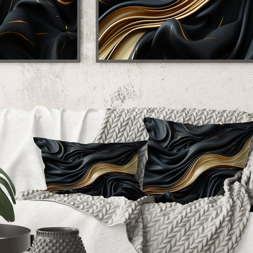 Gold And Black Soft Wave Fusion - Abstract Shapes Throw Pillow