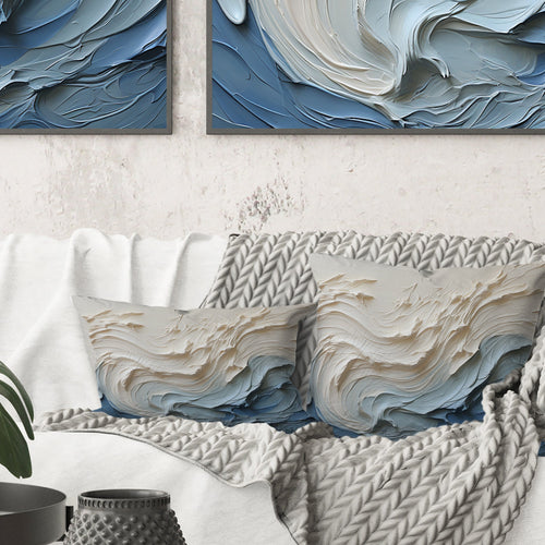 White And Blue Wave Papercut Style - Coastal Waves Throw Pillow