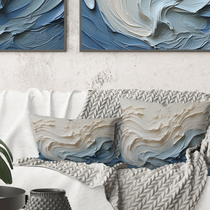 White And Blue Wave Papercut Style - Coastal Waves Throw Pillow