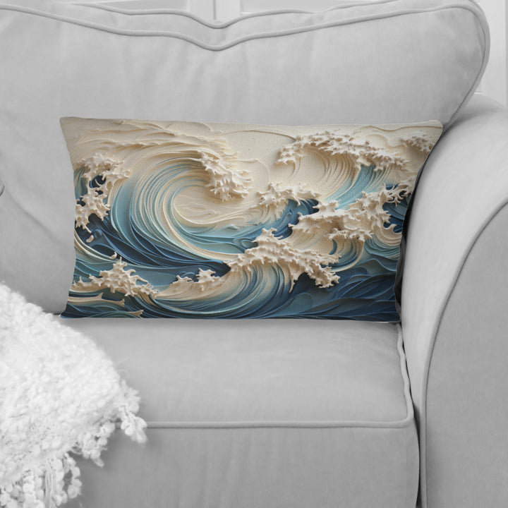 White And Blue Wave Papercut Style III - Coastal Waves Throw Pillow