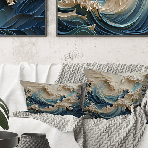 White And Blue Wave Papercut Style III - Coastal Waves Throw Pillow