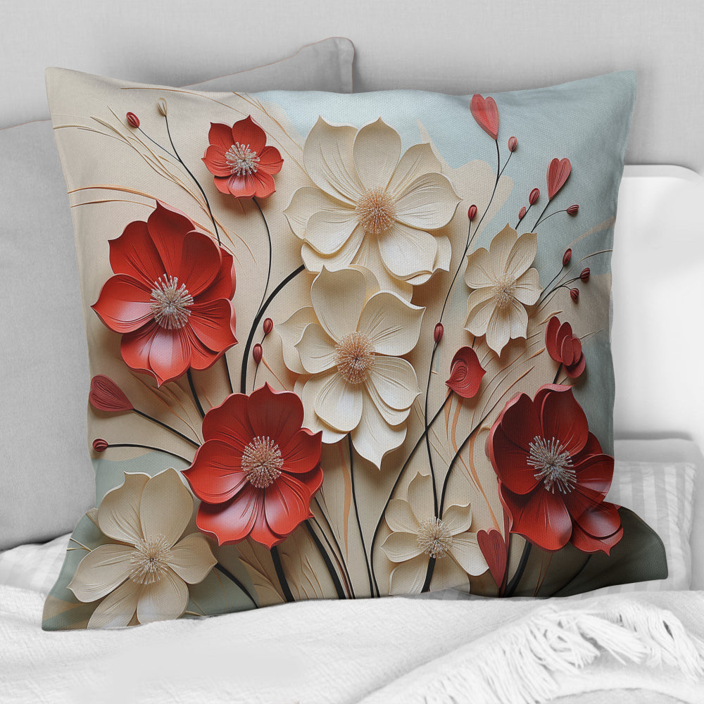 Red And White Crimson Flower S Embrace - Flower Throw Pillow