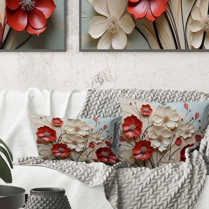 Red And White Crimson Flower S Embrace - Flower Throw Pillow