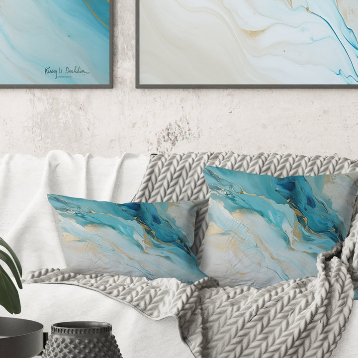 Teal And Gold Glacier Charm Liquid Art - Glacier Throw Pillow