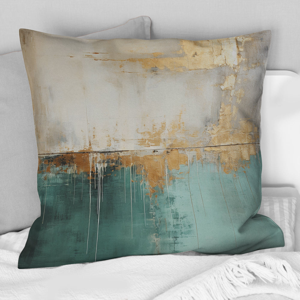 Minimalism Gold And Teal Horizon - Abstract Painting Throw Pillow