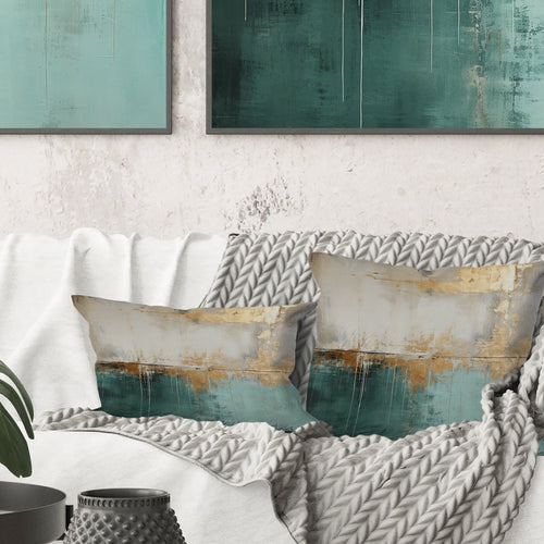 Minimalism Gold And Teal Horizon - Abstract Painting Throw Pillow