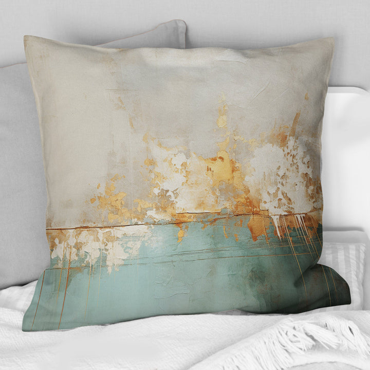 Minimalism Gold And Teal Horizon I - Abstract Painting Throw Pillow