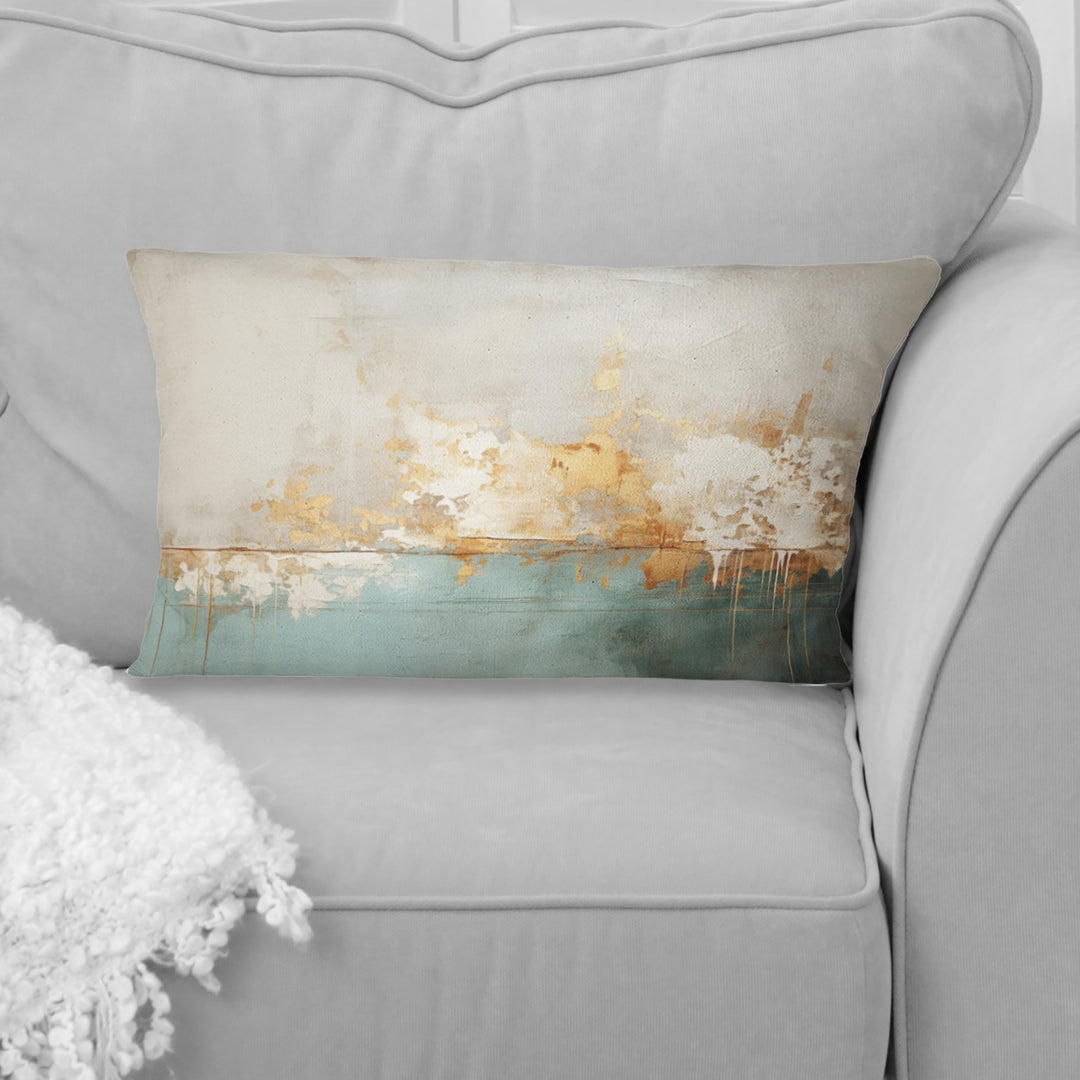 Minimalism Gold And Teal Horizon I - Abstract Painting Throw Pillow