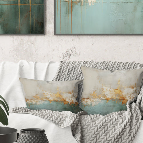 Minimalism Gold And Teal Horizon I - Abstract Painting Throw Pillow