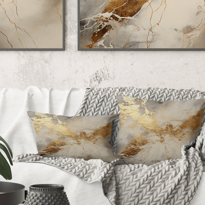 Beige And Gold Marble Lightning III - Abstract Shapes Throw Pillow
