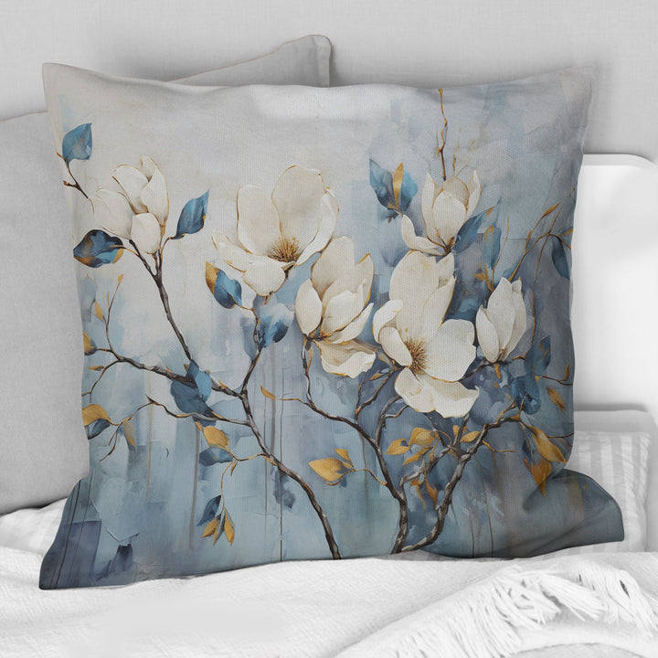 Elegant White And Blue Magnolias Tranquility - Magnolias Throw Pillow