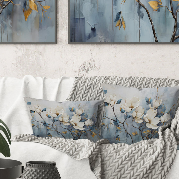 Elegant White And Blue Magnolias Tranquility - Magnolias Throw Pillow