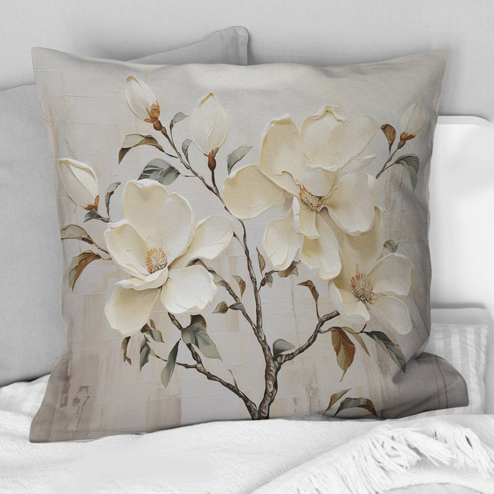 Beige And Green Magnolias Flower Blossum - Magnolias Throw Pillow
