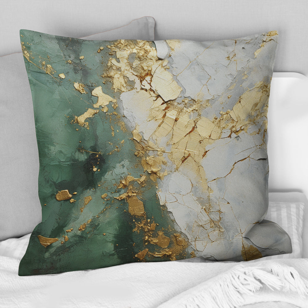 Gold And Green Paint Fusion - Abstract Painting Throw Pillow