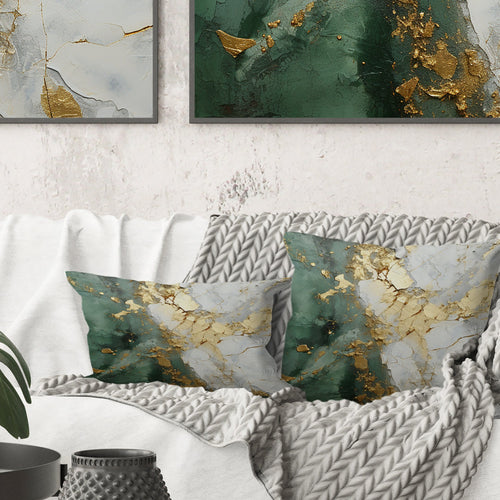 Gold And Green Paint Fusion - Abstract Painting Throw Pillow