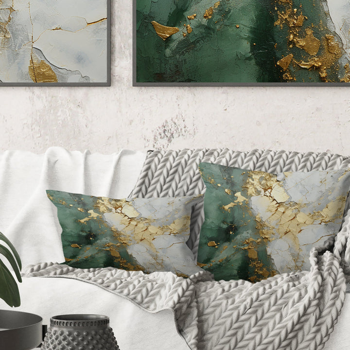 Gold And Green Paint Fusion - Abstract Painting Throw Pillow