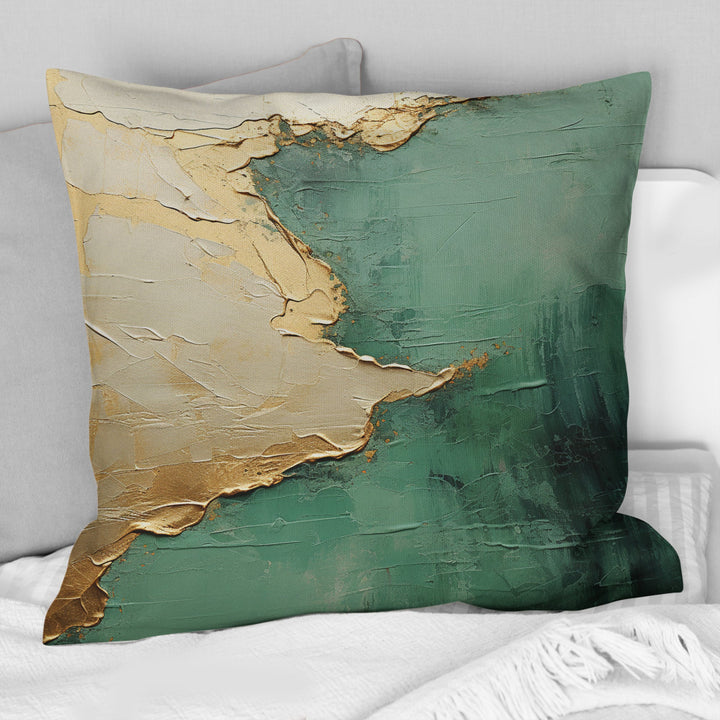 Gold And Green Paint Fusion II - Abstract Painting Throw Pillow