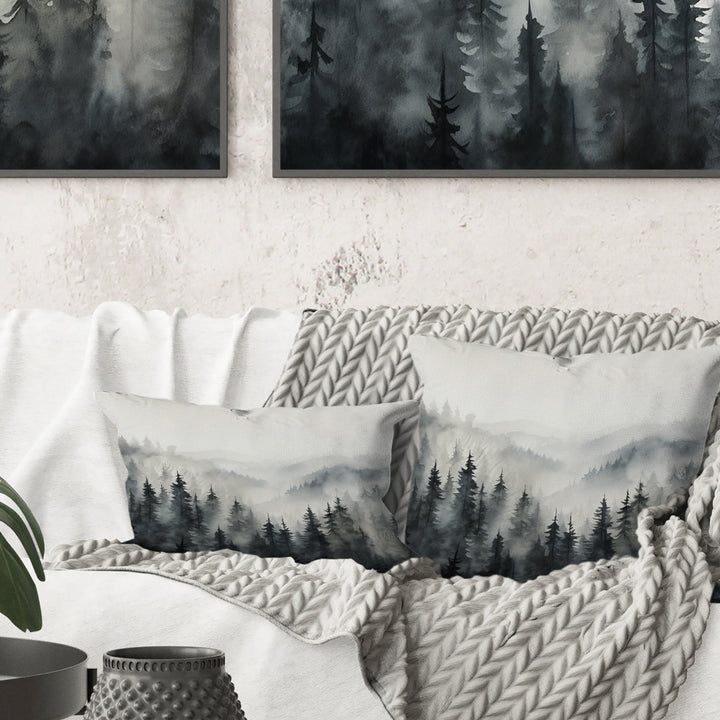 Grey Misty Morning Forest Horizon - Forest Throw Pillow