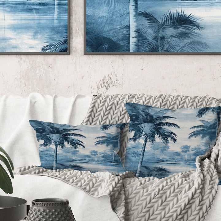 Vintage Blue Palm Trees Shadows I - Palms &amp; Palm Trees Throw Pillow