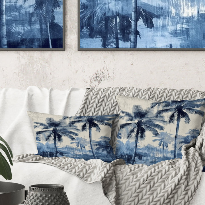 Vintage Blue Palm Trees Shadows II - Palms &amp; Palm Trees Throw Pillow