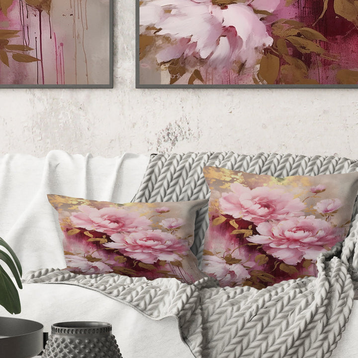 Pink And Gold Peonies In Radiance - Peonies Throw Pillow