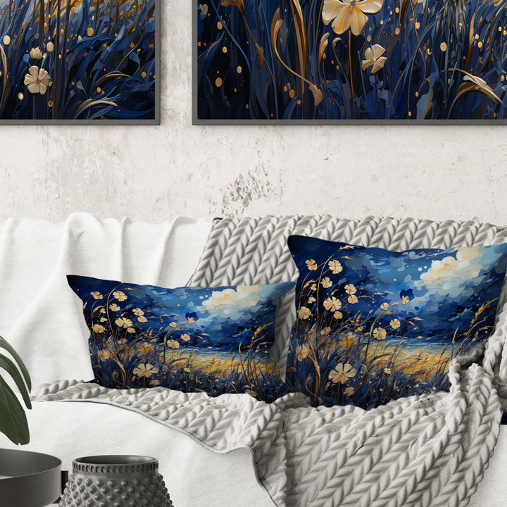 Navy Blue Poppies Field - Meadow Throw Pillow