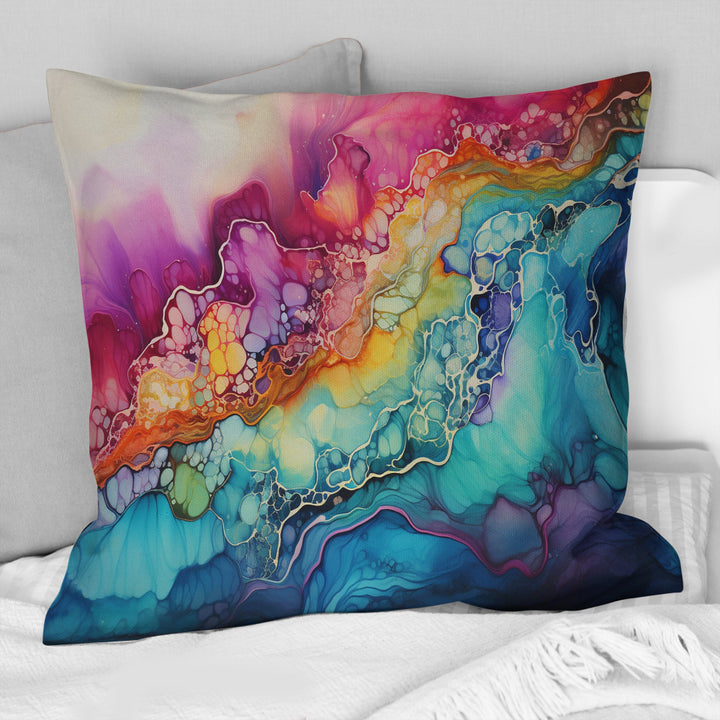 Rainbow Teal And Purple Alcohol Ink I - Abstract Shapes Throw Pillow