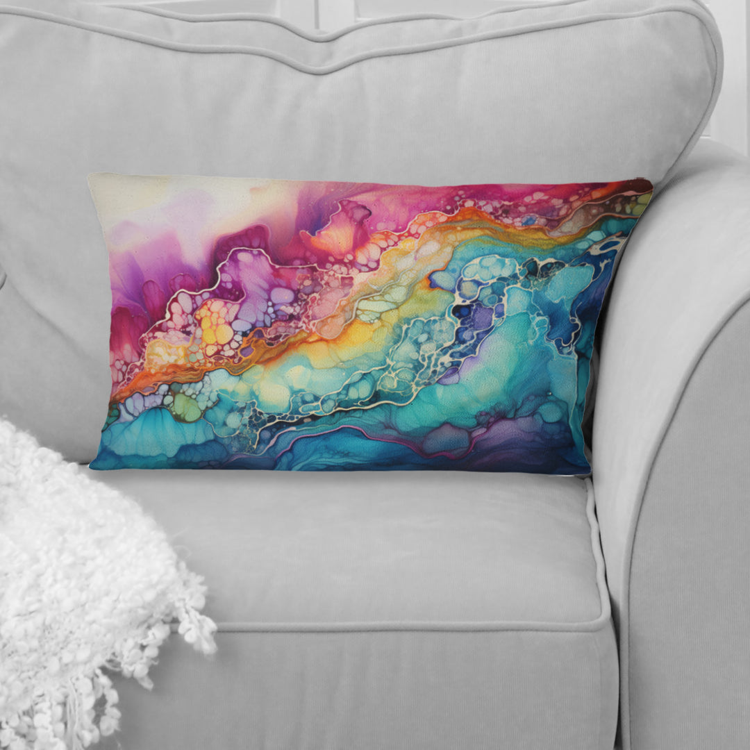 Rainbow Teal And Purple Alcohol Ink I - Abstract Shapes Throw Pillow