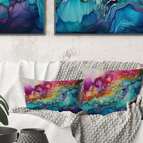 Rainbow Teal And Purple Alcohol Ink I - Abstract Shapes Throw Pillow