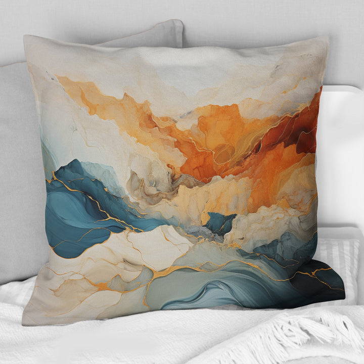 Abstract Orange And Blue River Ink - Abstract Marble Throw Pillow