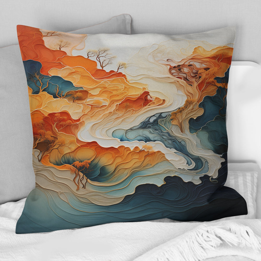 Abstract Orange And Blue River Ink I - Abstract Marble Throw Pillow