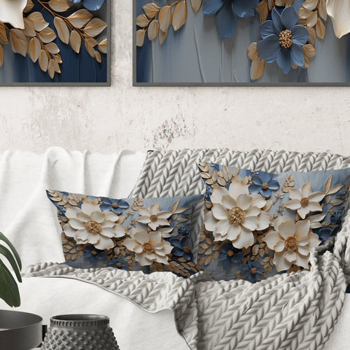 Beige And Blue Seasonal Flowers Composition - Seasonal Flowers Throw Pillow