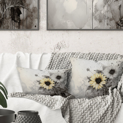 Black And White Sunflowers Florescence I - Sunflowers Throw Pillow