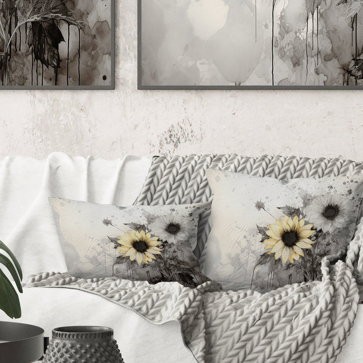 Black And White Sunflowers Florescence I - Sunflowers Throw Pillow