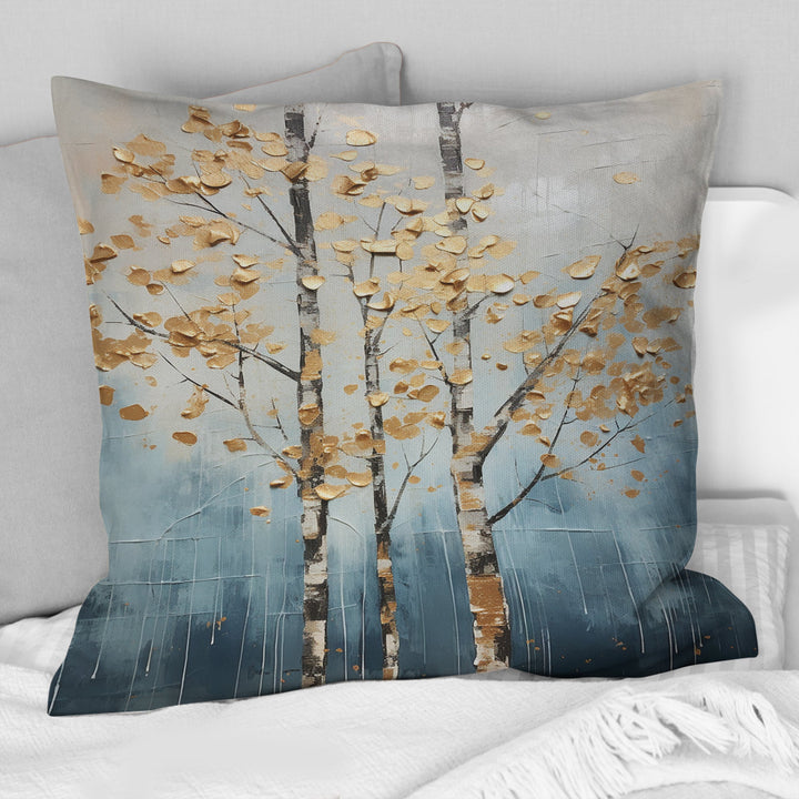 Gold And Blue Trees Harmony III - Trees Throw Pillow
