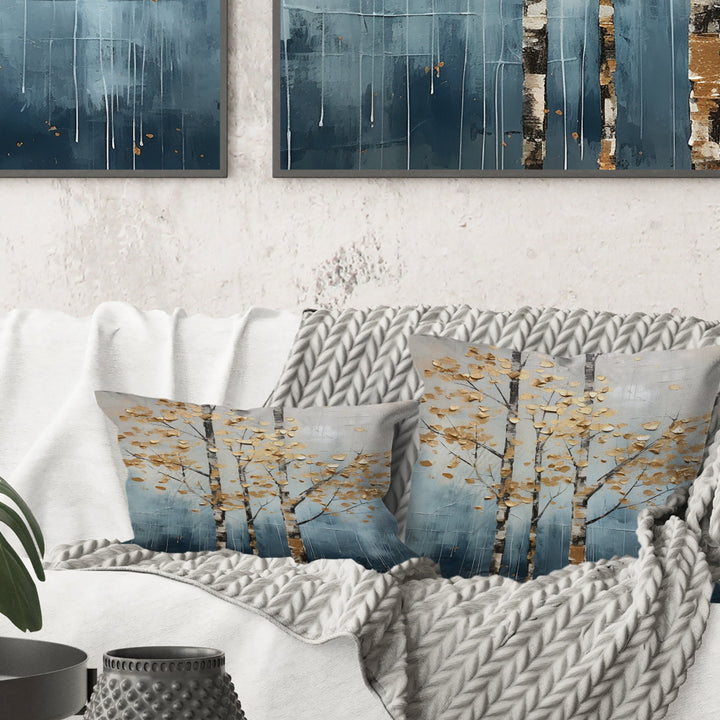 Gold And Blue Trees Harmony III - Trees Throw Pillow