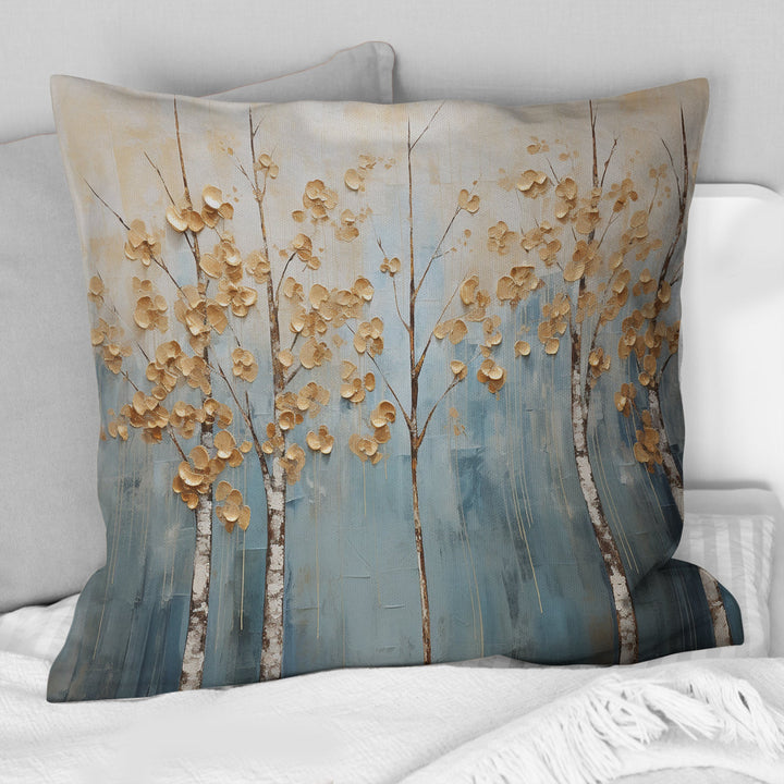 Minimalism Gold And Blue Trees Scenery II - Trees Throw Pillow