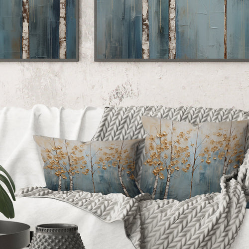 Minimalism Gold And Blue Trees Scenery II - Trees Throw Pillow