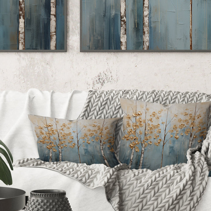 Minimalism Gold And Blue Trees Scenery II - Trees Throw Pillow