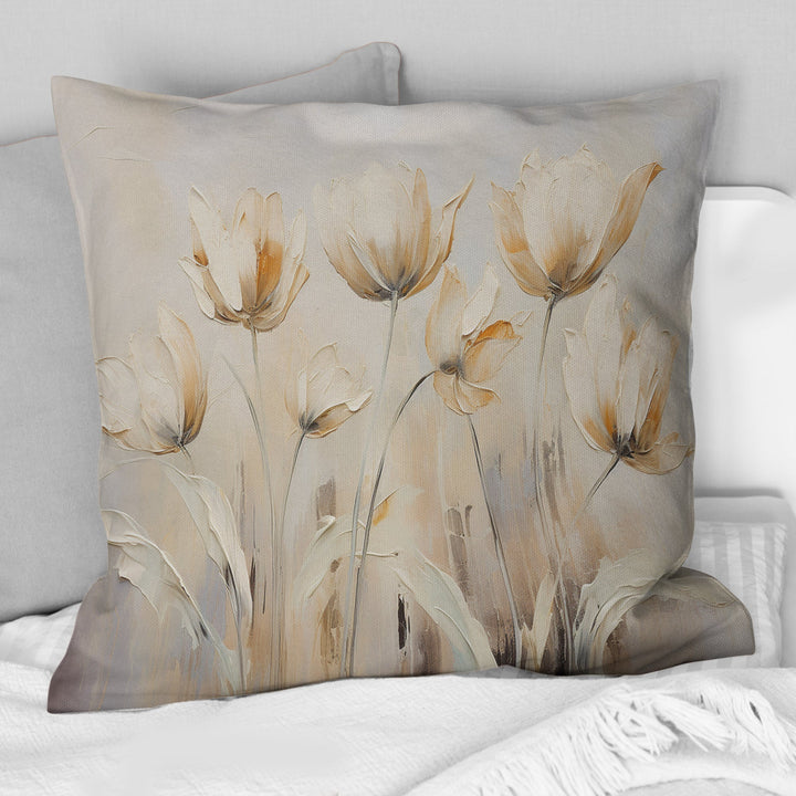 Beige Embellished Tulips Symphony I - Tulips Throw Pillow